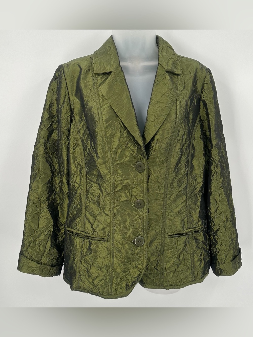 Chicos Blazer Womens M 8 Chico's Sz 1 Green Taffeta Crinkle Jacket Party Buttons